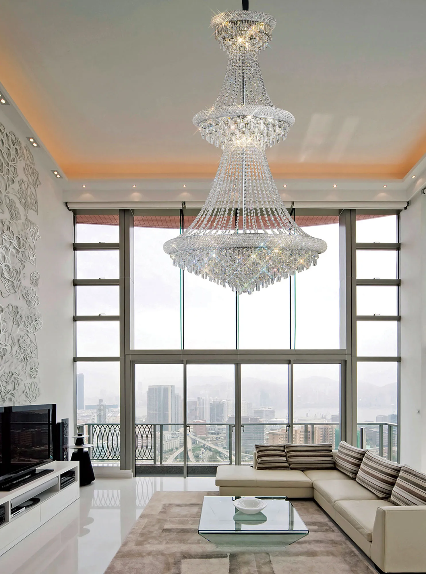 Alexandra Polished Chrome Crystal Ceiling Lights Diyas Tiered Crystal Fittings